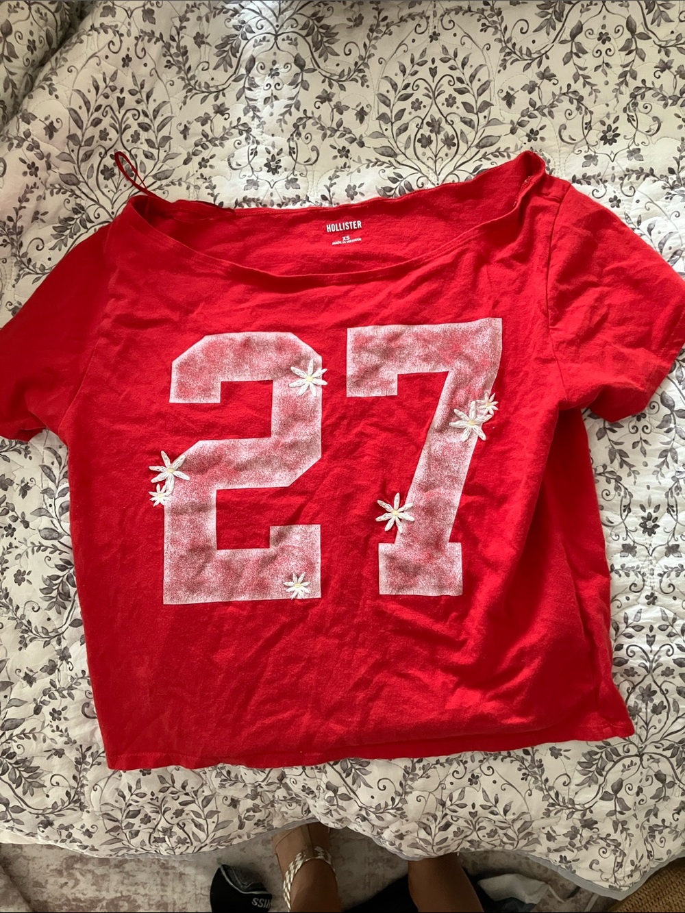 Hollister Red Crop Tee with White '27' & Daisy Embellishments